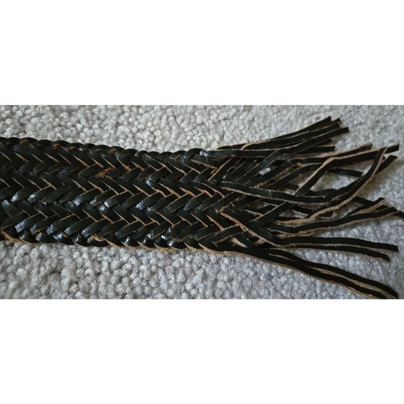 Women's Wide Braided Leather Belt Etched Silver Tone Buckle Woven Fringe - Picture 5 of 8